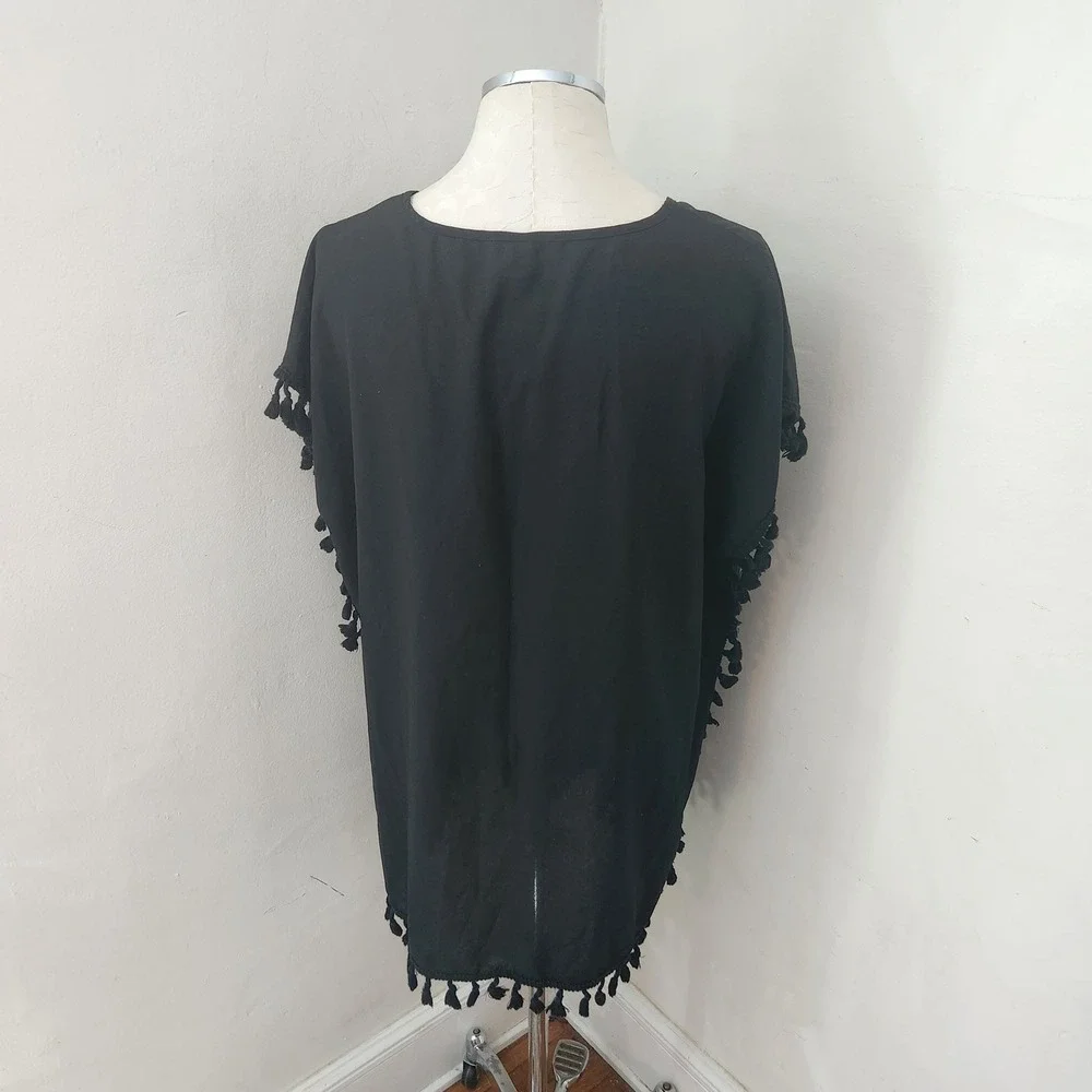 Yincra Black Tassel Trim V-Neck Swimsuit Cover Up‎ Kaftan Dress Womens Large